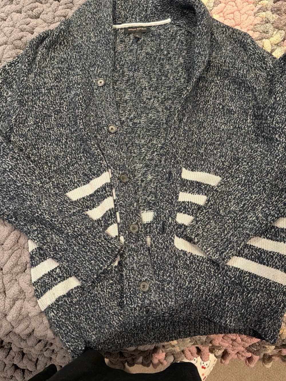 Banana Republic Navy and White Marled Shawl Collar Cardigan